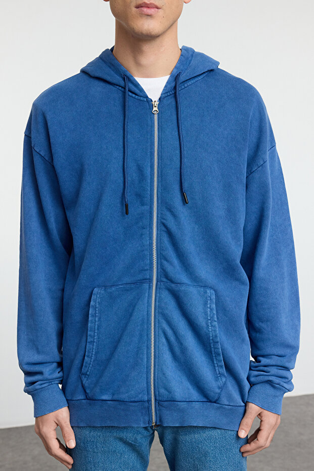 Indigo Oversize/Geniş Kesim Kapüşonlu Soluk Efekt Hırka/Şardonsuz Sweatshirt TMNAW25SW00049 - 3