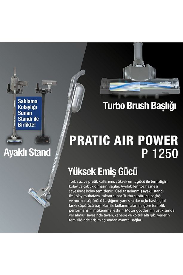 Pratic Aır Power P 1250 Siyah Torbasız Dönebilen Turbo Başlıklı Dikey Süpürge - 10
