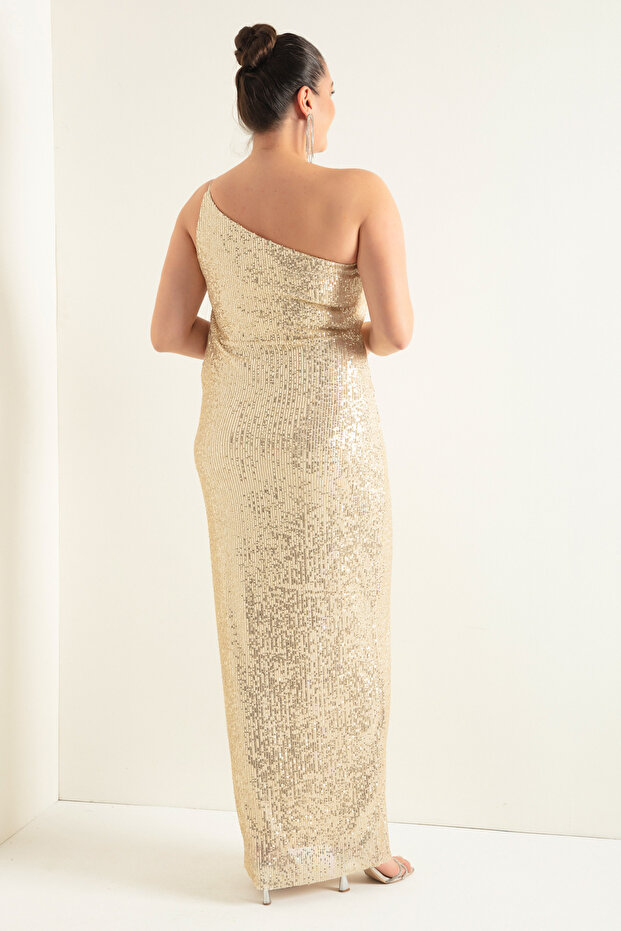 Rochie de seară lungă de damă, bej, cu un singur umăr - 5