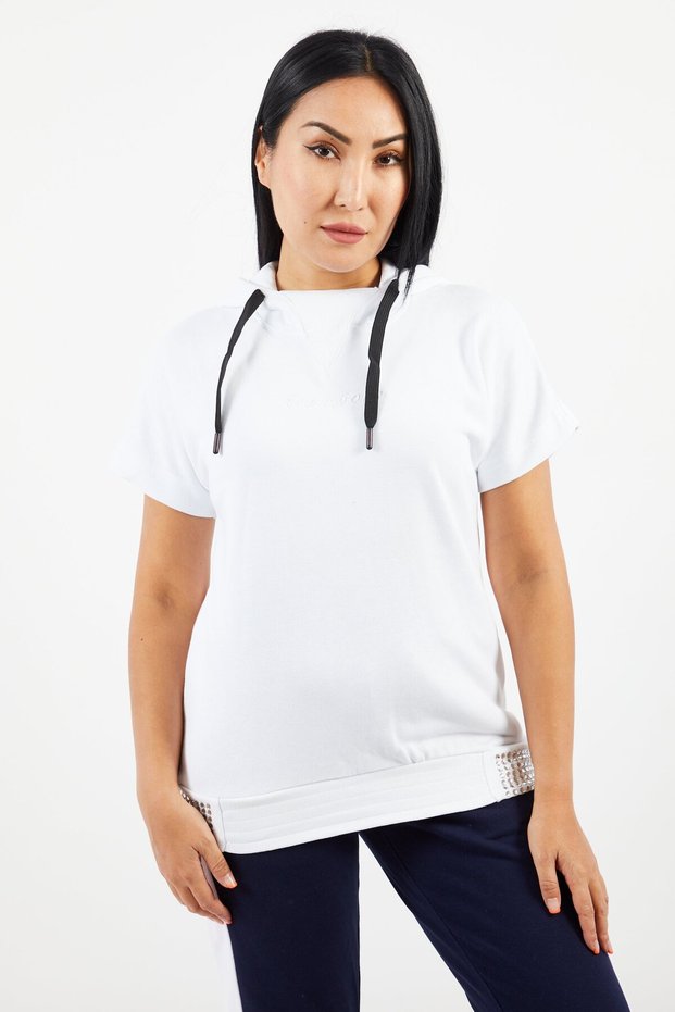 Women Hooded Short Sleeve Brand Logo Sweatshirt, White