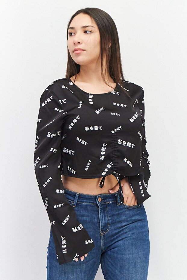 Women Round Neck Long Sleeve Allover Print Blouse, Black