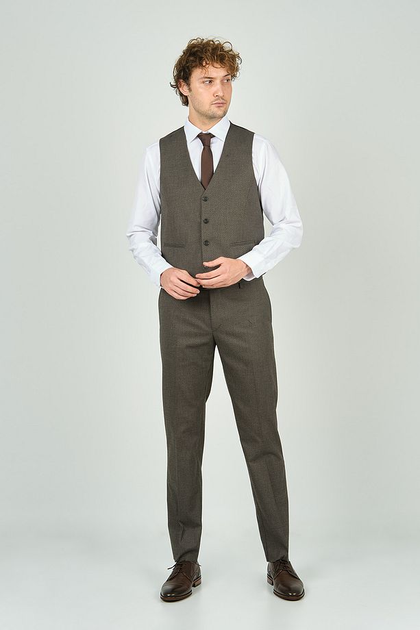 Gio Erkek Regular Fit Mono Yaka Yelekli Takım Elbise 4460 Kahverengi - 4
