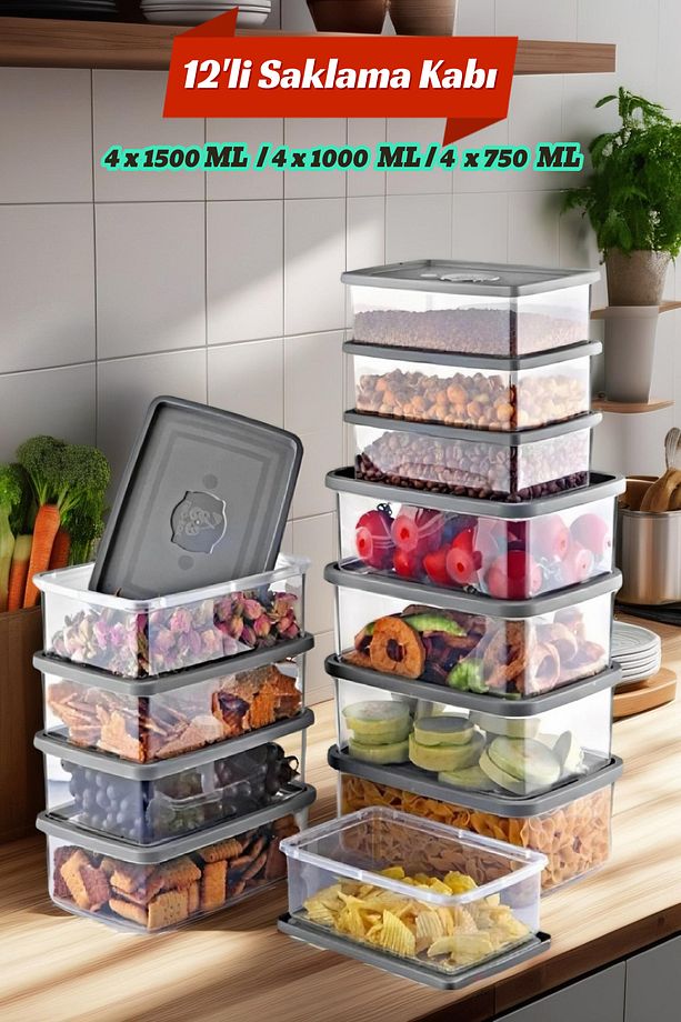 12'Li Set Dikdörtgen Mikrodalga & Difriz Uyumlu Saklama Kabı X4 0,75 Lt/1 Lt/1,5 Lt - 1