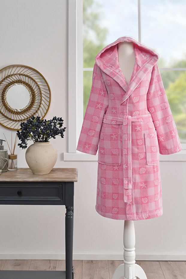 Shell Plaid Kadife Kapüşonlu Bornoz - 1