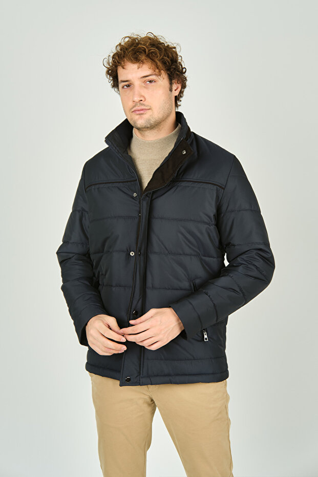 Men's Fur Lined Stand Collar Snap and Zipper Closure Jacket Coat 5300 Navy Blue
