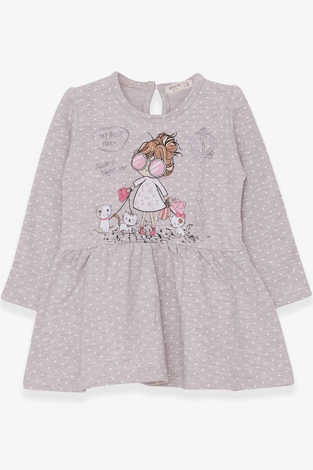 Girl's Long Sleeve Dress Glittery Printed Girl with Glasses 1-4 Years, Beige Melange