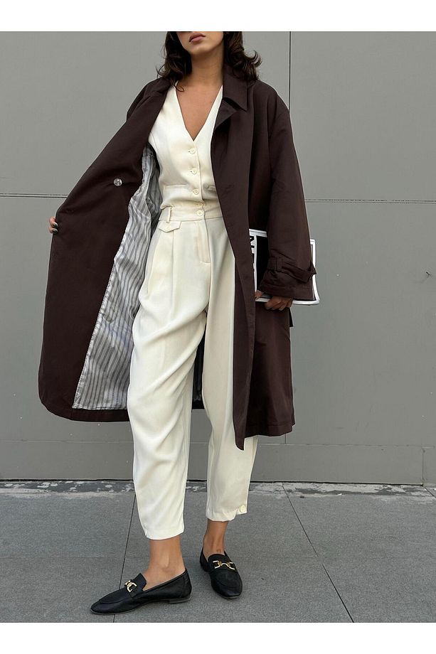 Kadın Kahve Astarı Çizgi Desenli Oversize Trençkot 28119 - 7