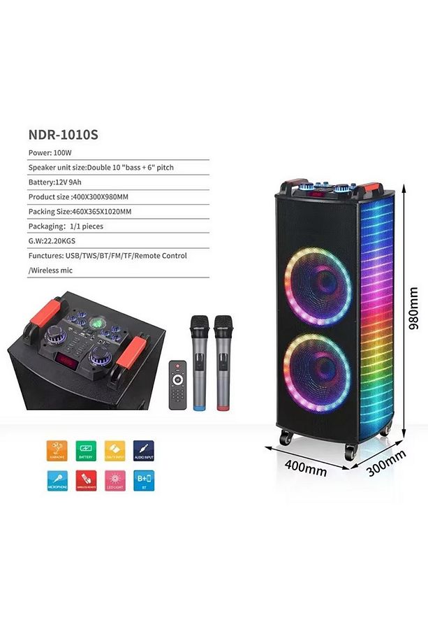 DEV PARTY SPEAKER ÇİFT KABLOSUZ MİKROFONLU ŞARJLI BLUETOOTH HOPARLÖR RGB IŞIKLI TEKERLEKLİ HOPARLÖR - 3