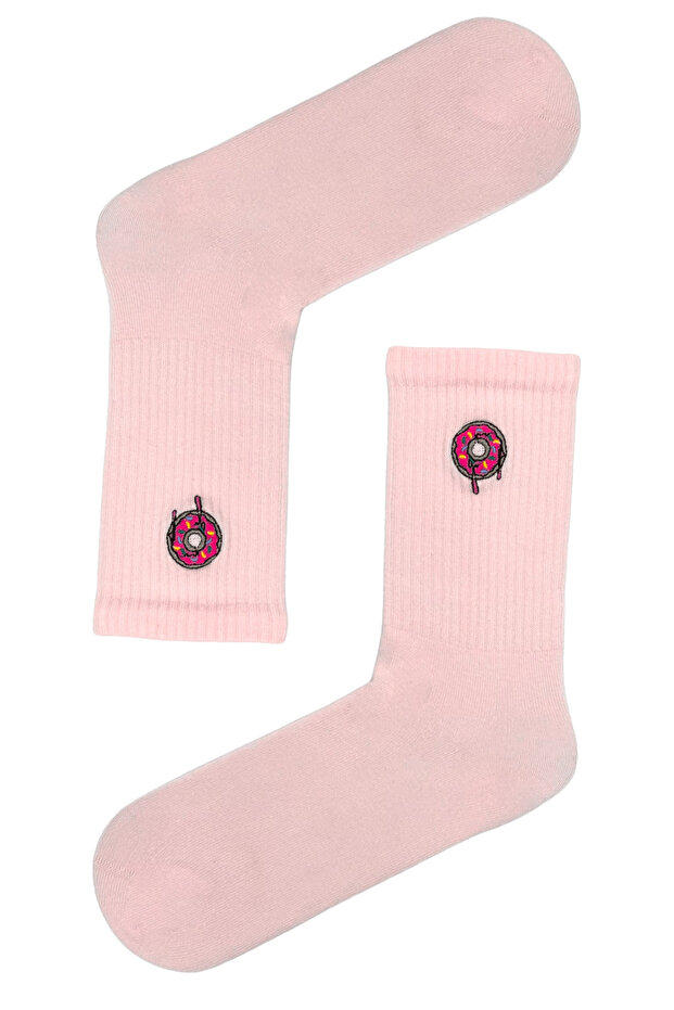 Embroidered Donut Patterned Pink Socks