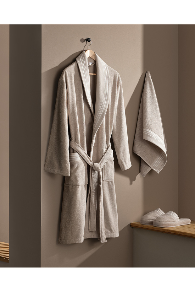 Delron Men's 100% Cotton Bathrobe Set - Beige - Luxury Collection
