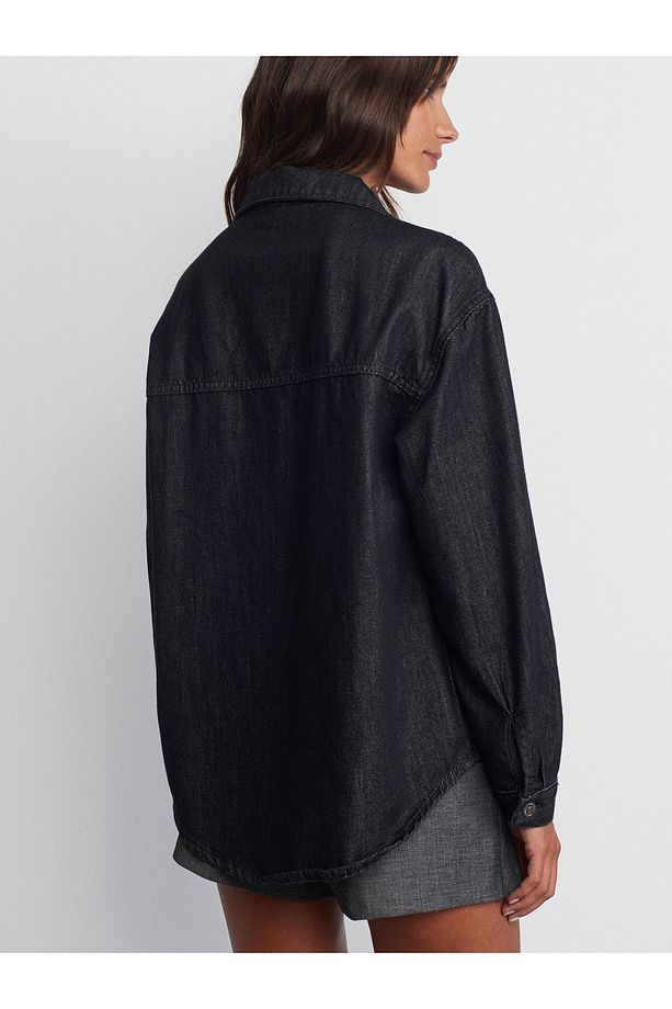 50738 Rins Yıkama Oversize Denim Gömlek-Siyah - 2