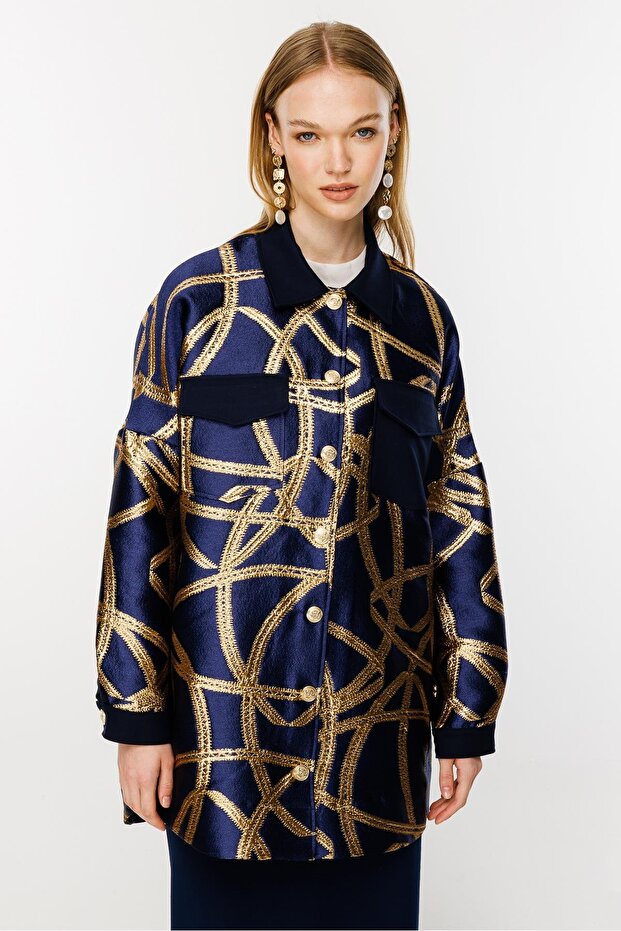 سترة جاكار باللون الأزرق الداكن - 2