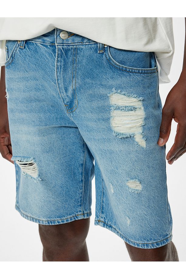 Oversize Kot Şort Yırtık Bermuda Cep Detaylı Pamuklu - 5