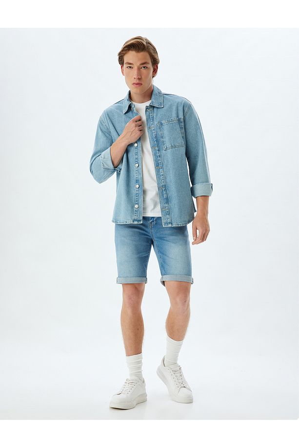Slim Fit Kot Şort Bermuda Cep Detaylı Pamuklu - 2
