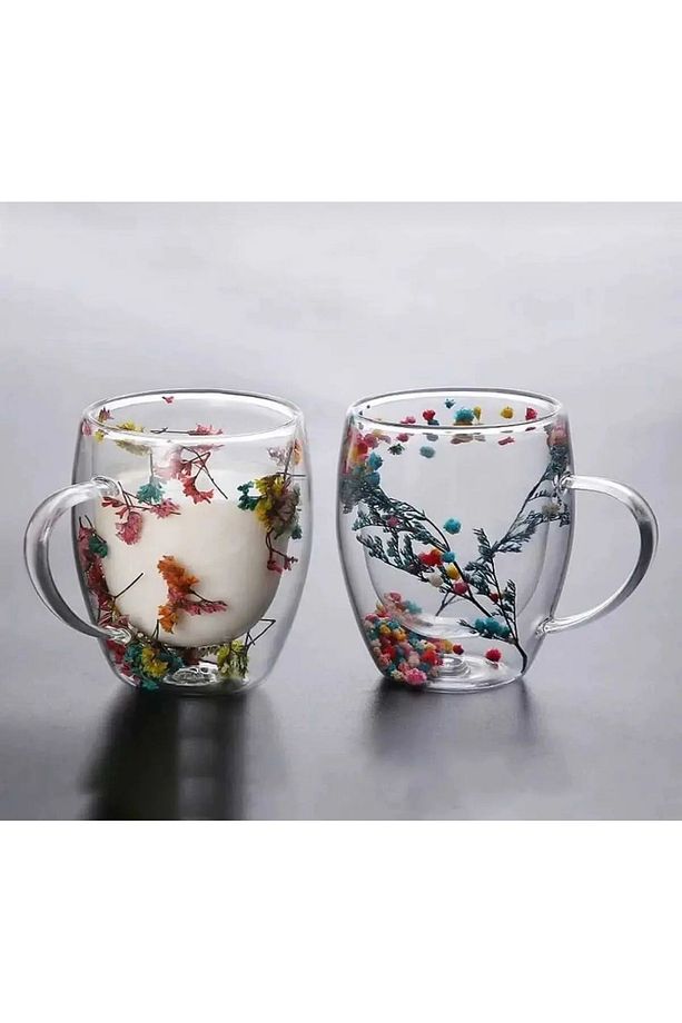 Kurutulmuş Çiçekli Bardak Camlı Çift Cidarlı Borosilikat Cam Bardak Kupa Fincan 250ml - 3