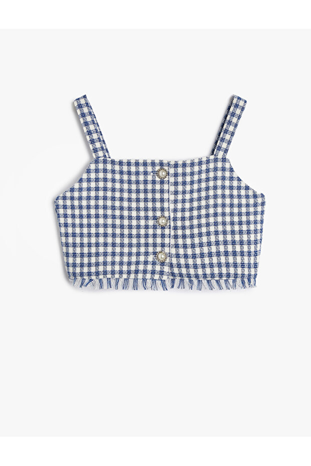 Crop Blouse with Straps Tweed Flower Button Detail
