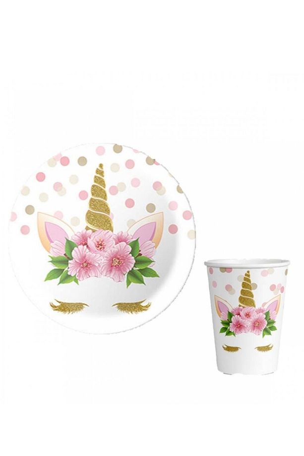 Beyaz Unicorn Baskılı 8'li Tabak Bardak Set - 1