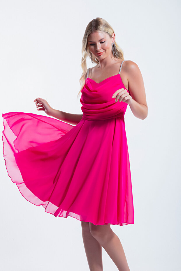 Women's Fuchsia Stone Strap Midi Evening Dress