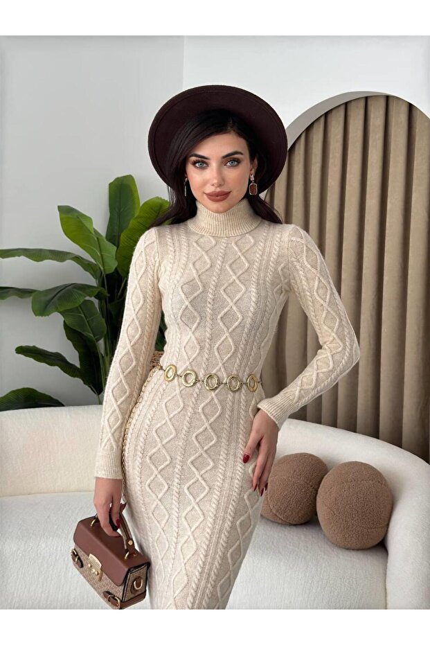 Boğazlı Uzun Triko Elbise - 5