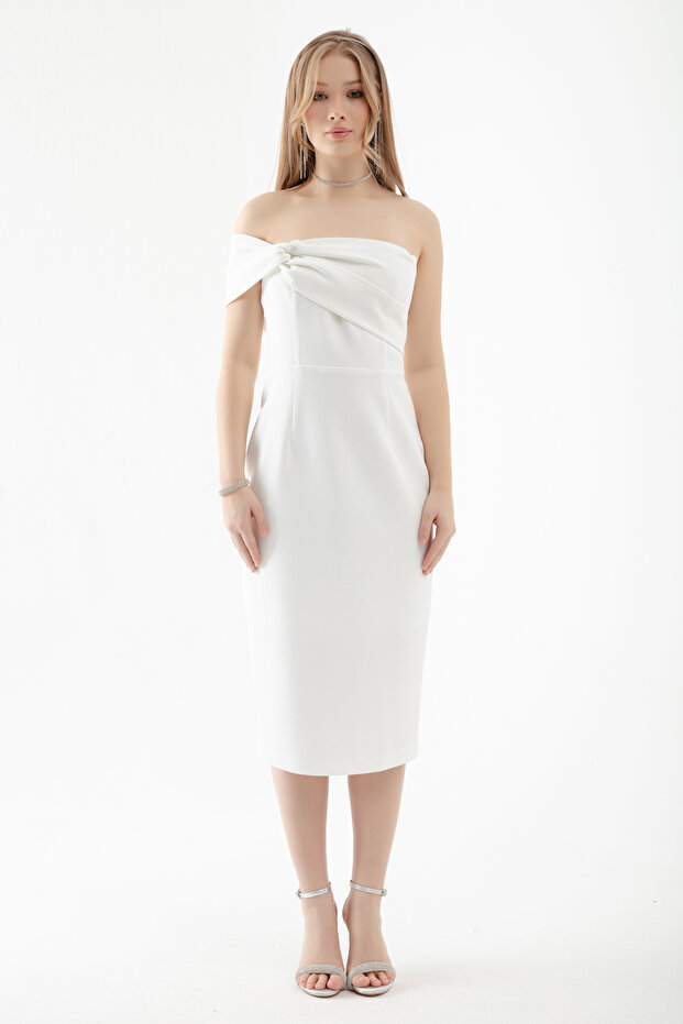 Women's White Double Bandage One Shoulder Midi Evening Dress