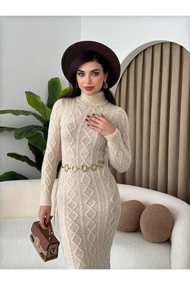 Boğazlı Uzun Triko Elbise - 4