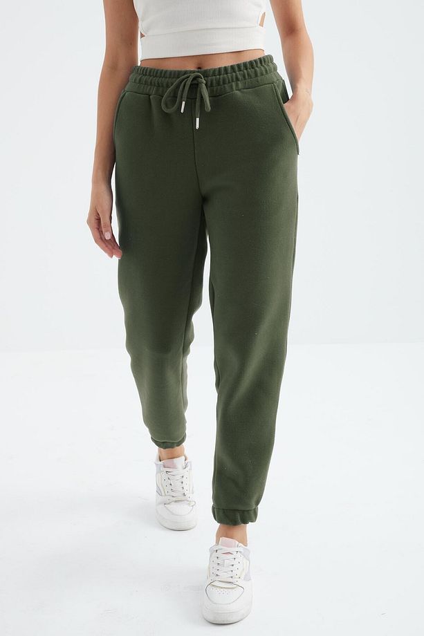 Çağla Yüksek Bel Basic Bağcıklı Jogger Polar Kadın Eşofman Alt - 94622 - 4