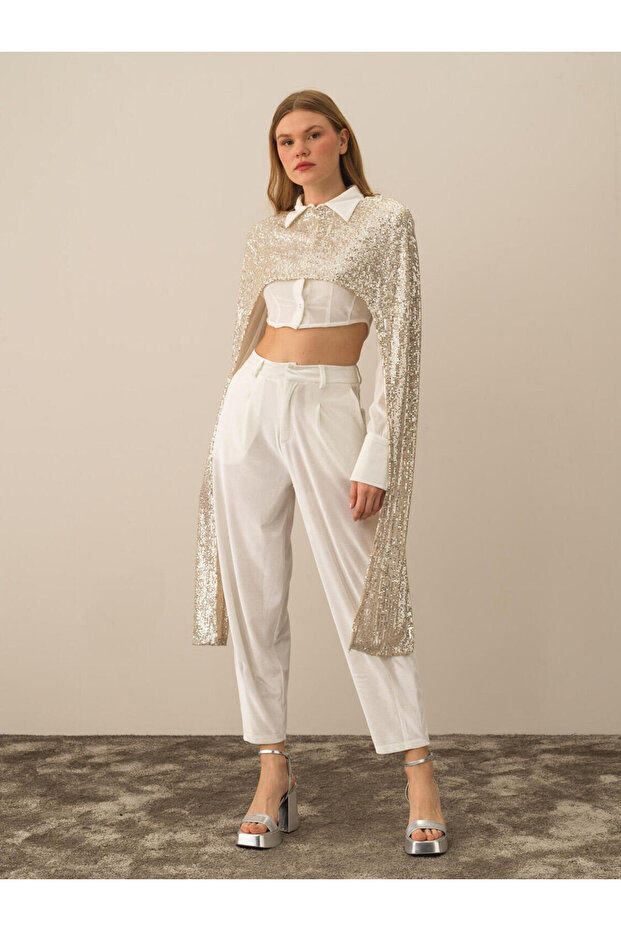 Kadın Bej Regular Fit Pullu Pelerin - 2