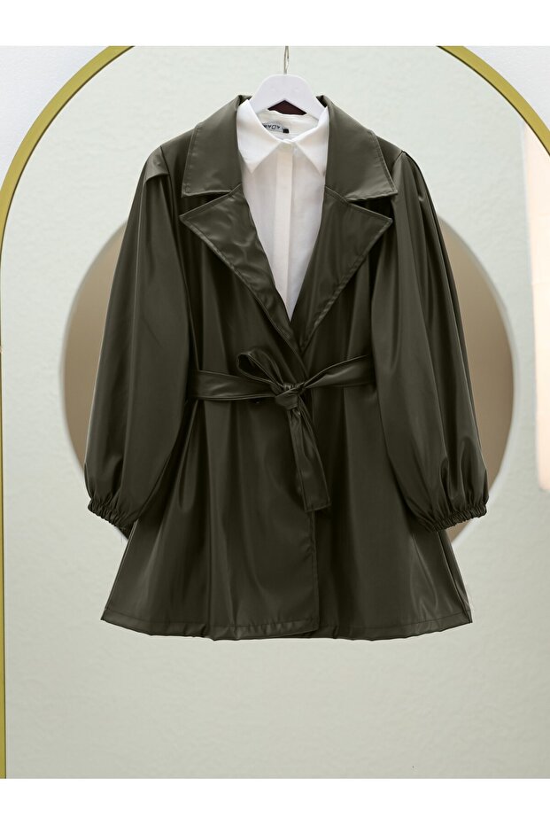 Double Pocket Buttoned Handle Elasticated Leather Cap - Khaki - 1