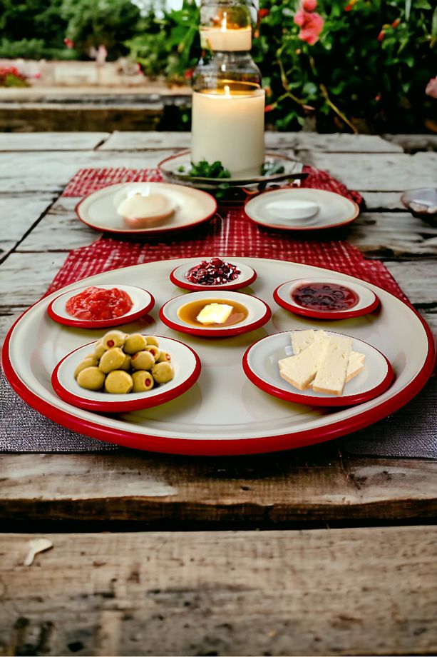 7 Parçabüyük Boy Emaye Kahvaltı Seti, Sunum, Kahvaltı Tabağı, Reçellik, Zeytin, Peynir Tabağı, - 1