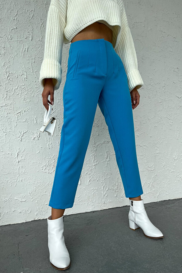 Blue High Waist Standard Mold Women's Fabric Trousers - 02052