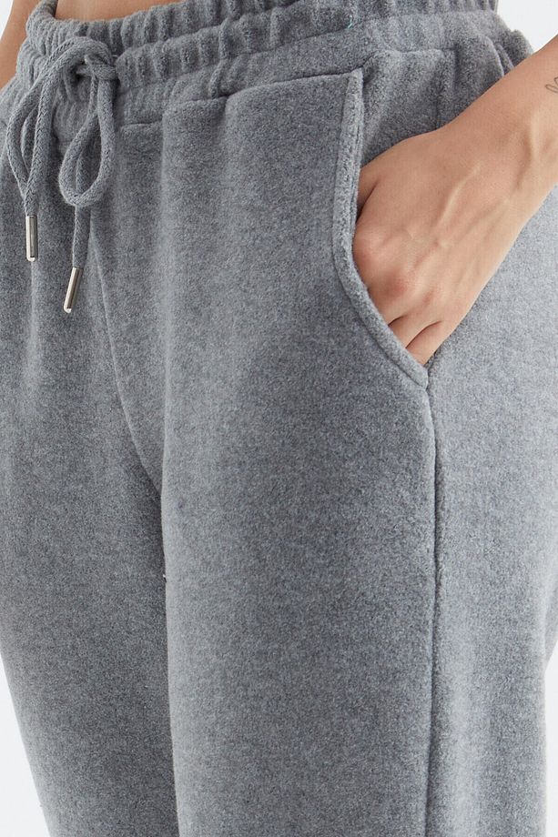 Gri Melanj Yüksek Bel Basic Bağcıklı Jogger Polar Kadın Eşofman Alt - 94622 - 8