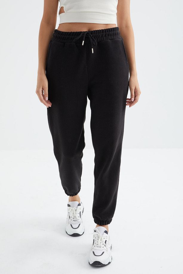 Siyah Yüksek Bel Basic Bağcıklı Jogger Polar Kadın Eşofman Alt - 94622 - 5