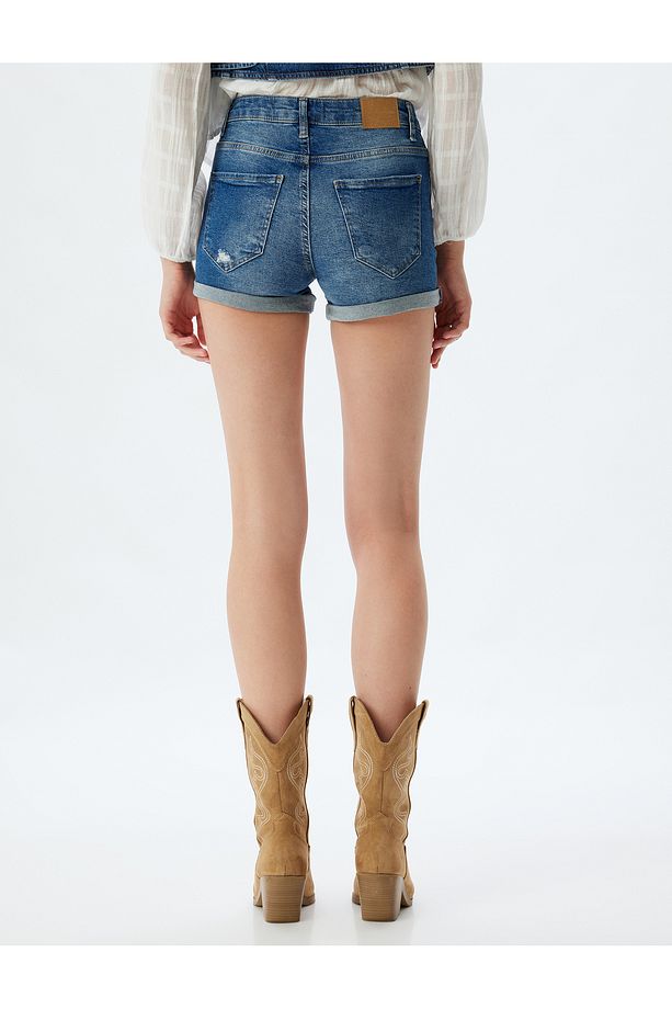 Mini Kot Şort Katlı Paça Yıpratılmış Düğmeli Skinny Fit - 4