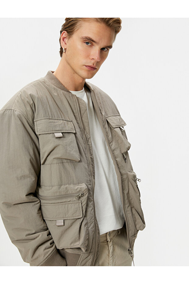 Bomber Jacket with College Collar and Pocket Detail, Zippered