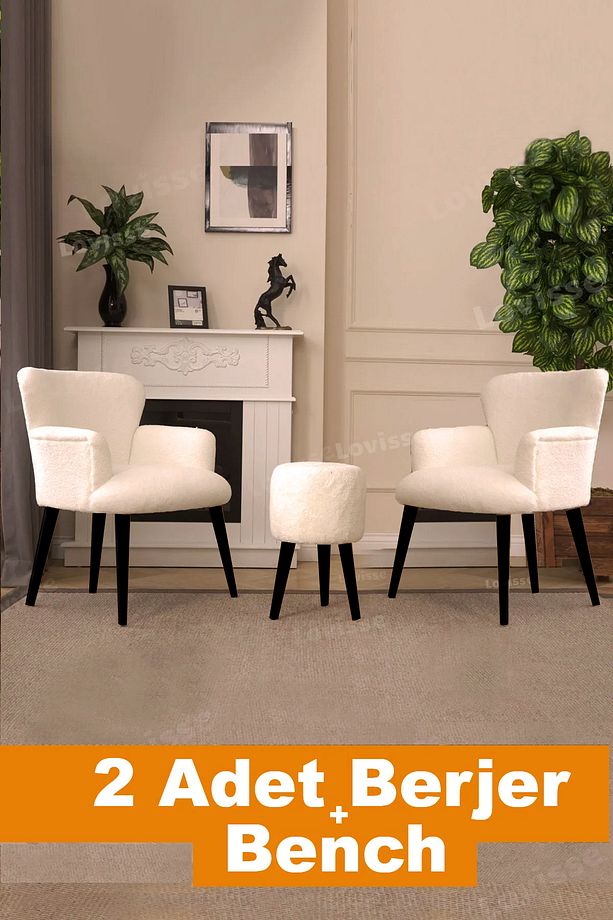 3lü Berjer Set Tekli Koltuk, Siyah Ayak + Puf Kış Bahesi, Ofis, Bekleme, Güzellik Merkezi, Çay Seti - 1