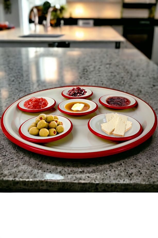 7 Parçabüyük Boy Emaye Kahvaltı Seti, Sunum, Kahvaltı Tabağı, Reçellik, Zeytin, Peynir Tabağı, - 7