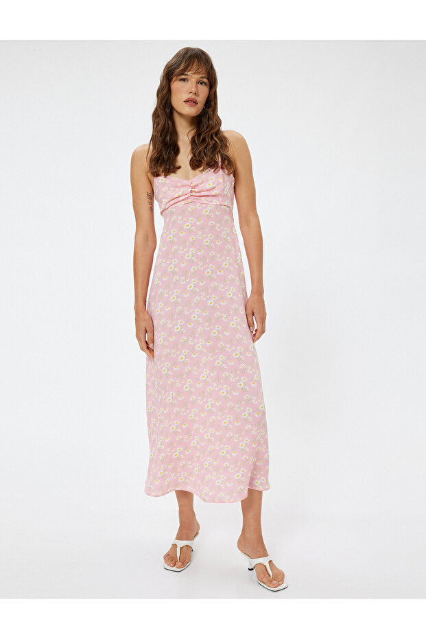 Linen Blend Midi Length Floral Strap Dress with Slim Fit and Draped Detail