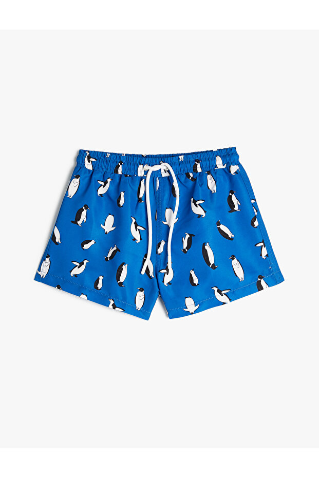 Swim Shorts with Tie Waist, Penguin Print, and Mesh Lining