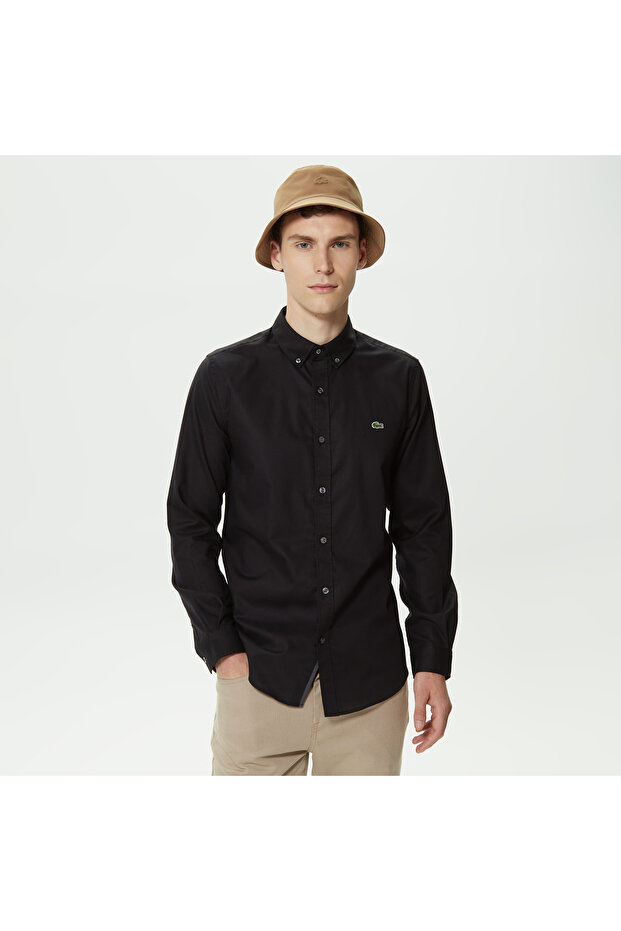 Erkek Slim Fit Düğmeli Yaka Siyah Gömlek - 1