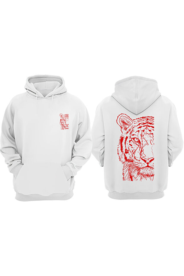 Unisex Red Tiger Design Front Back Printed Regular Fit White Sweatshirt