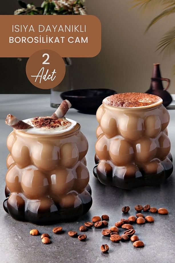 2 Adet Isıya Dayanıklı Borosilikat Boncuklu Üzüm Bardak Kahve Sunum Bardağı - 350 ml - 1