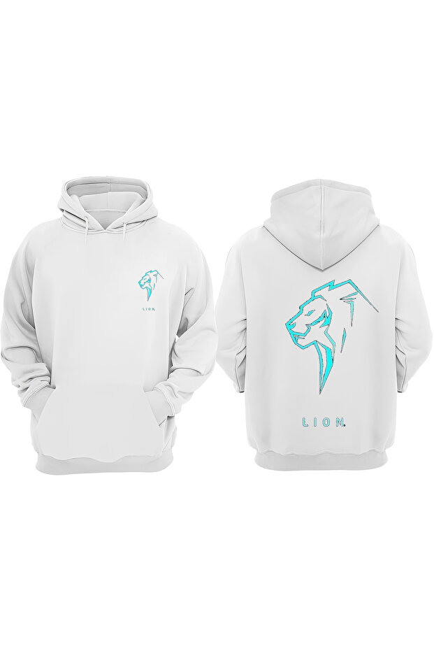 Unisex Lion Blue Logo Design Front Back Printed Regular Fit White Sweatshirt