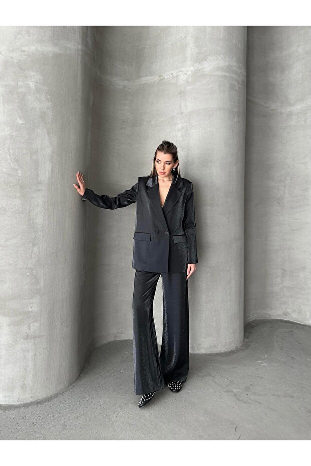 Black Linen Double Breasted Double Suit - Shiny - 8