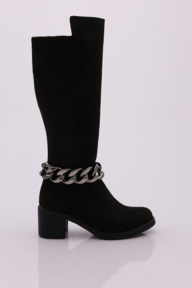 Women's Black Suede Boots - Chain Detail, Stretch Back, Heels 8172668
