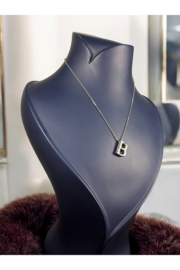 Three Dimensional Letter B Balloon Silver Color Necklace