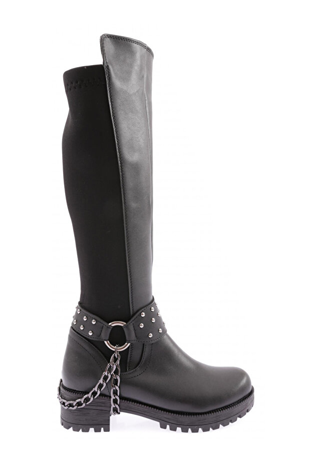607 Women's Buckled Ankle Chain Detail Stretch Knee High Flats Boots