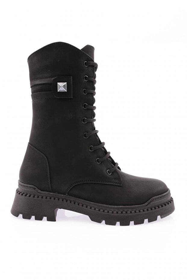 262-22K Women's Lace-Up Back Side Buckle Long Boots Black Emerald