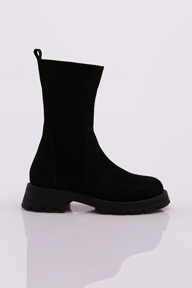 21551-22K Women's Zippered Long Boots Black Suede Genuine Leather