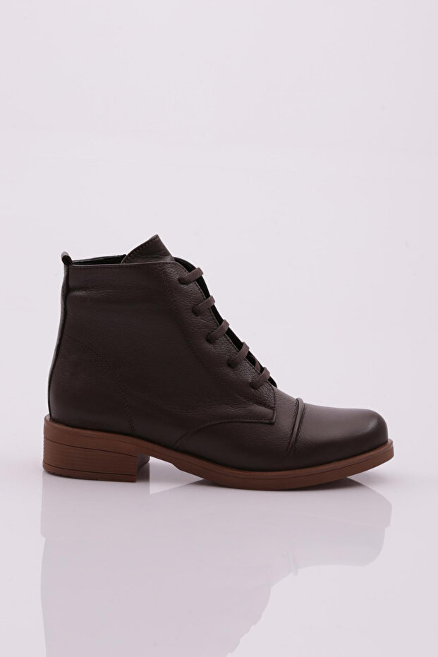 1409 22K Women's Lace-Up Zippered Boots Brown Genuine Leather
