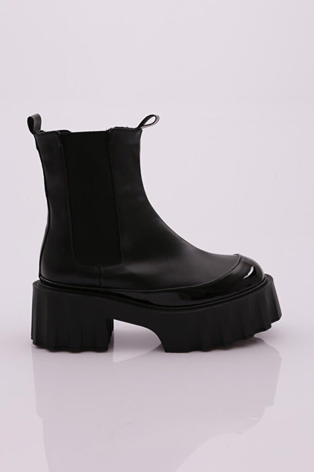 Es804 Women's Thick Sole Stretch Detailed Heeled Boots Black Black Patent Leather